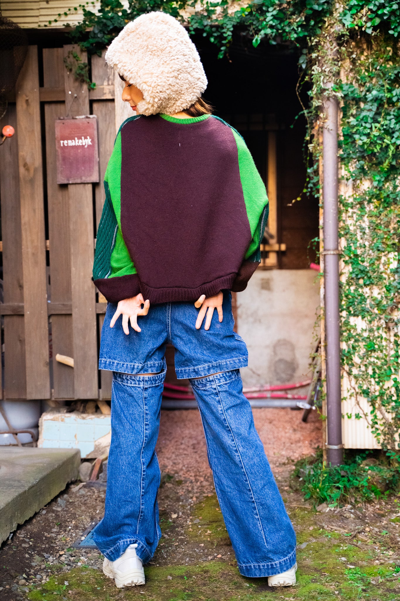 【REMAKEBYK×StyleReborn】Remake Cropped Knit Sweater Green×Brown