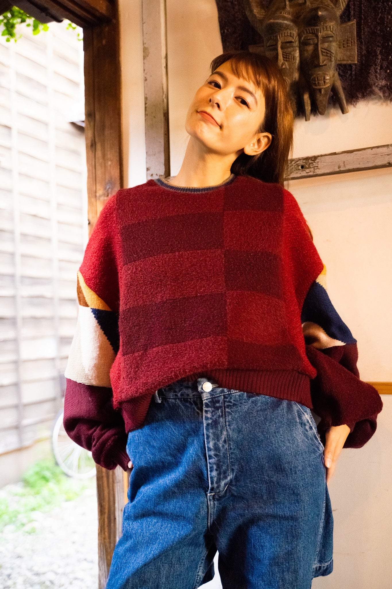 【REMAKEBYK×StyleReborn】Remake Cropped Knit Sweater Red