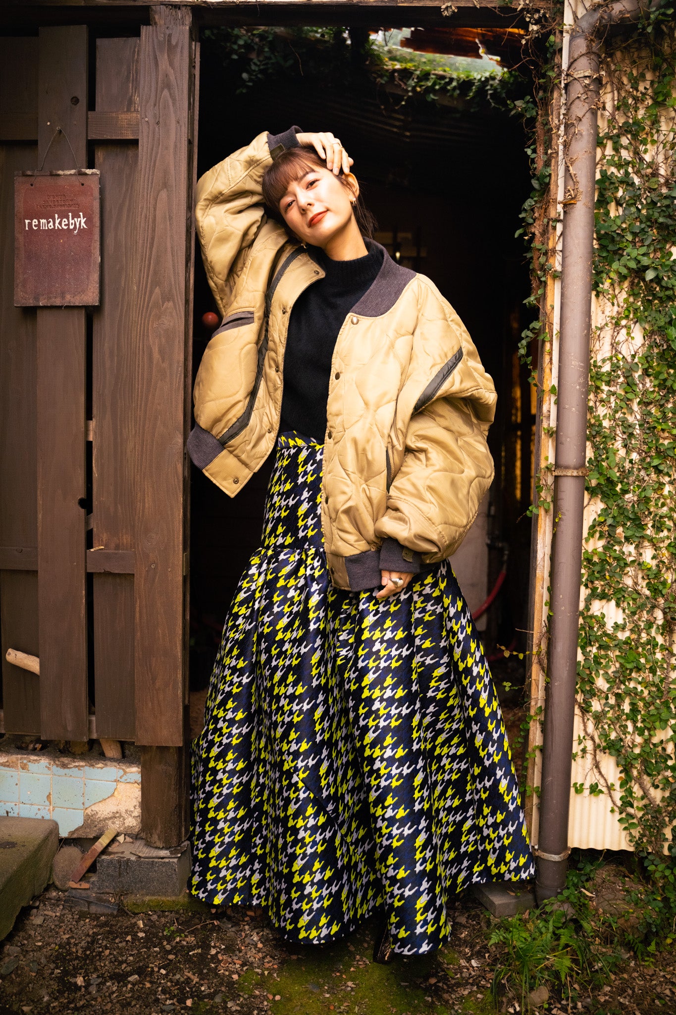 【REMAKEBYK×StyleReborn】Remake Quilting Stadium Jumper Khaki