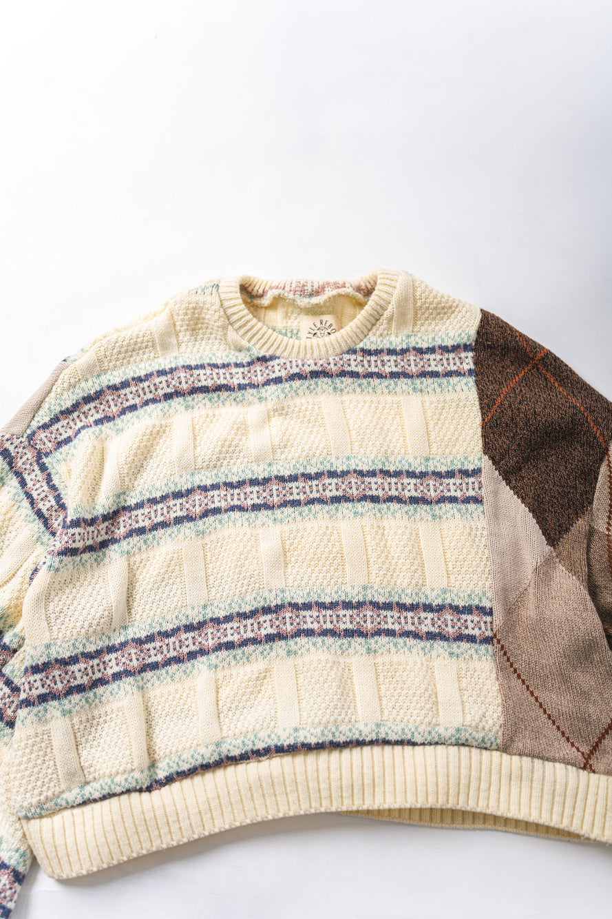 【REMAKEBYK×StyleReborn】Remake Cropped Knit Sweater White×Brown×Horizontal Stripe