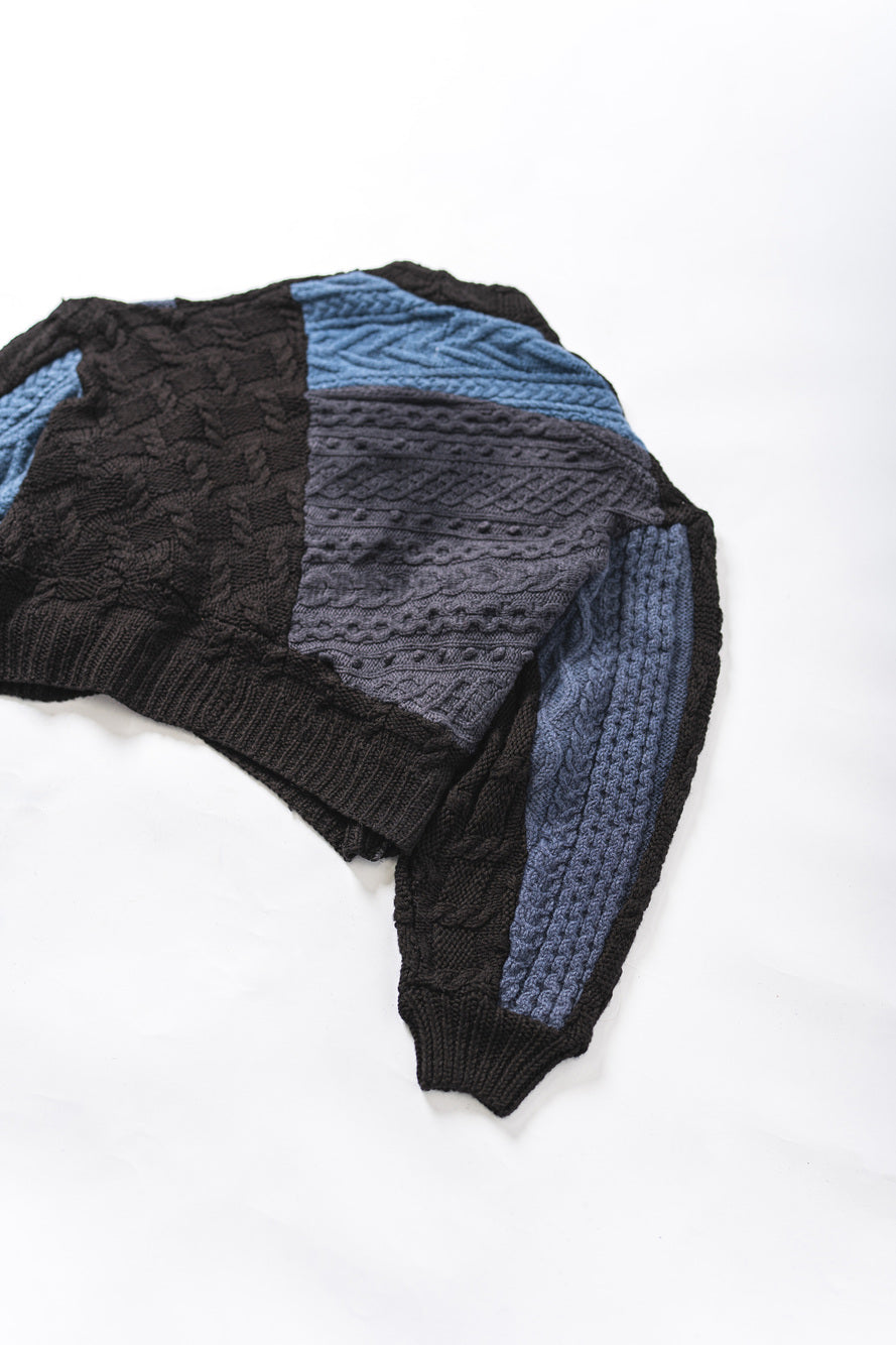 【REMAKEBYK×StyleReborn】Remake Cropped Fisherman Knit Sweater Black×Blue