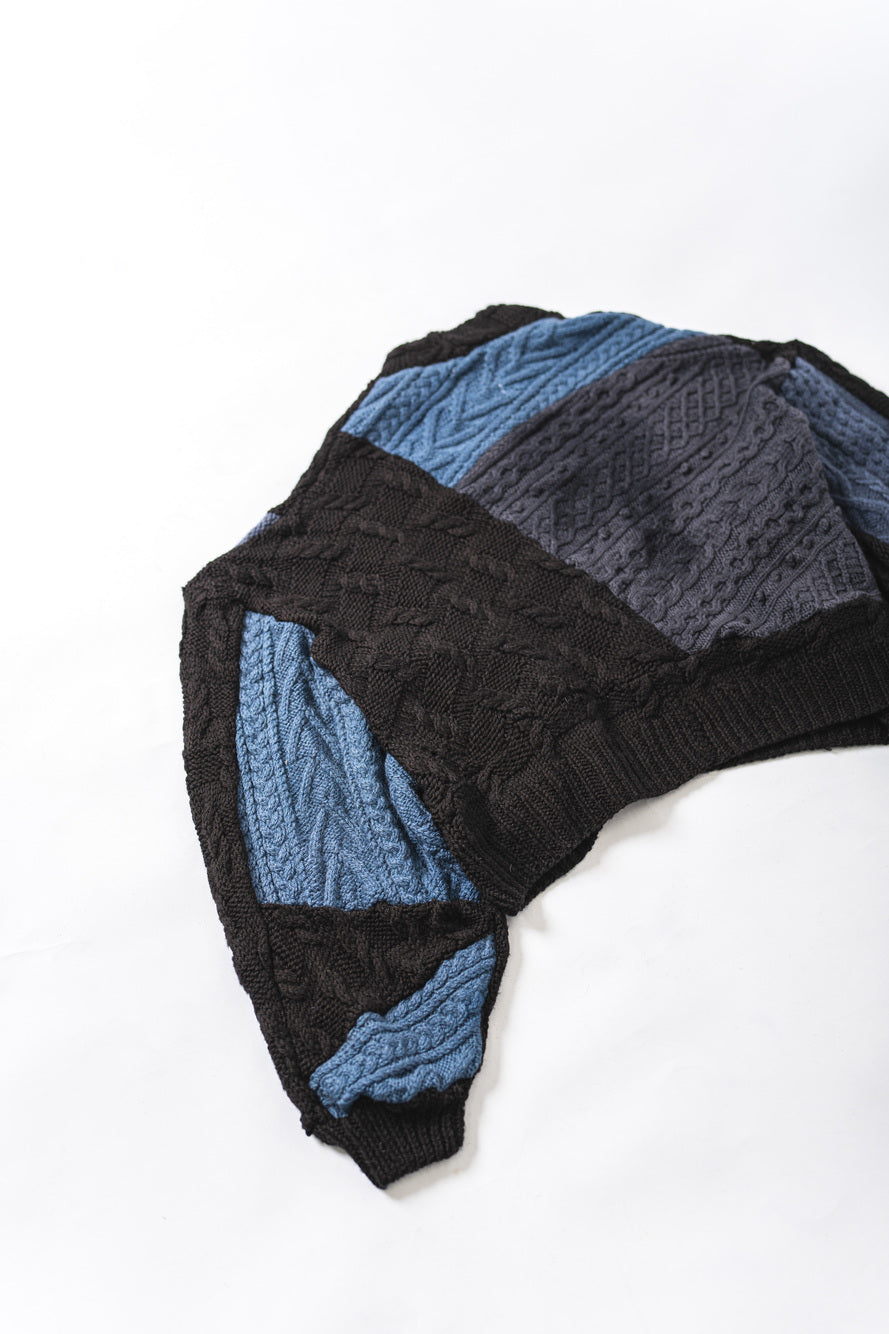 【REMAKEBYK×StyleReborn】Remake Cropped Fisherman Knit Sweater Black×Blue