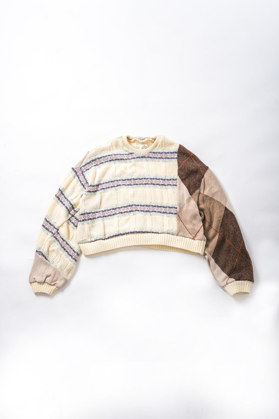 【REMAKEBYK×StyleReborn】Remake Cropped Knit Sweater White×Brown×Horizontal Stripe