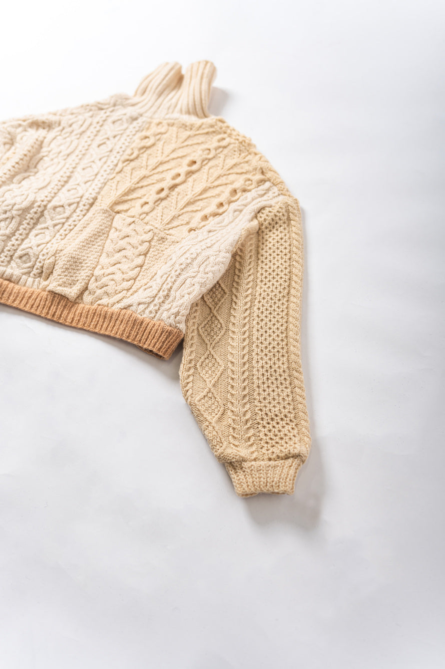 【REMAKEBYK×StyleReborn】Remake Cropped Fisherman Knit Sweater  Ecru×Beige Built-up neckline