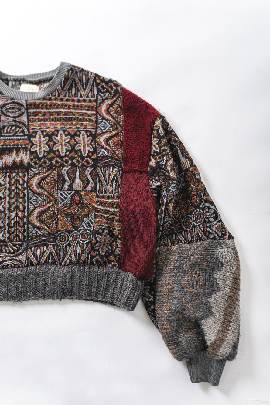 【REMAKEBYK×StyleReborn】Remake Cropped Knit Sweater Gray×Geometric pattern