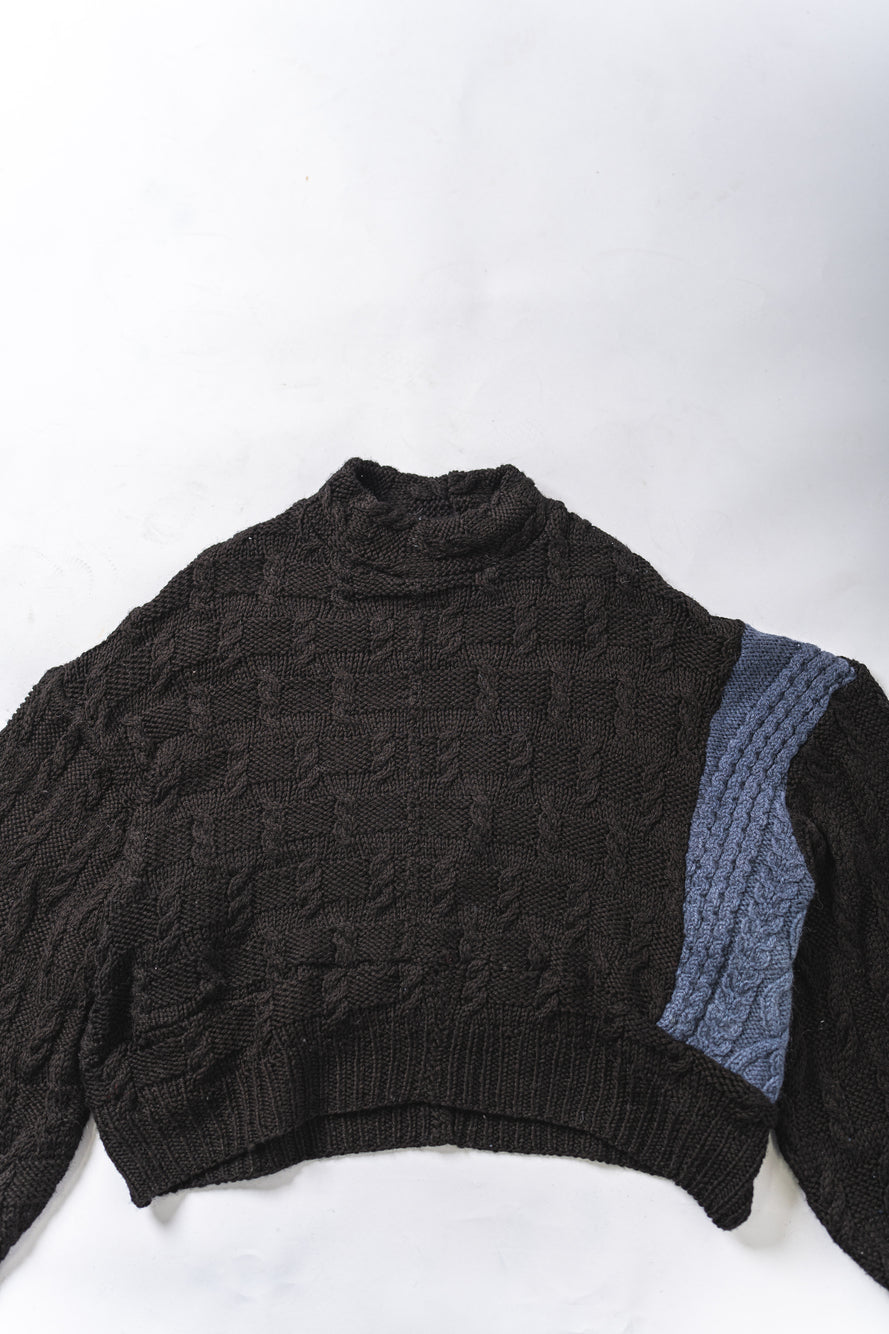 【REMAKEBYK×StyleReborn】Remake Cropped Fisherman Knit Sweater Black×Blue