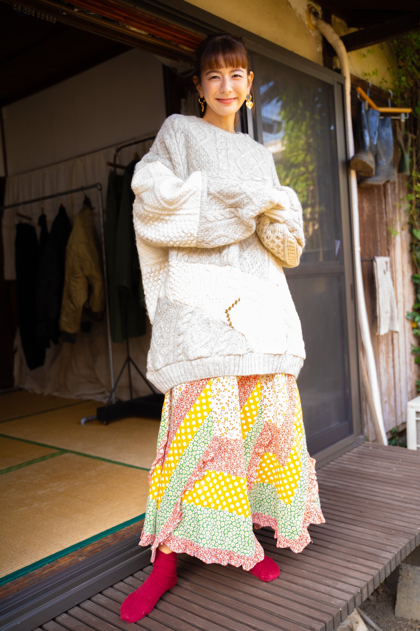 【REMAKEBYK×StyleReborn】Remake Long Fisherman Knit Sweater Ecru×Gray