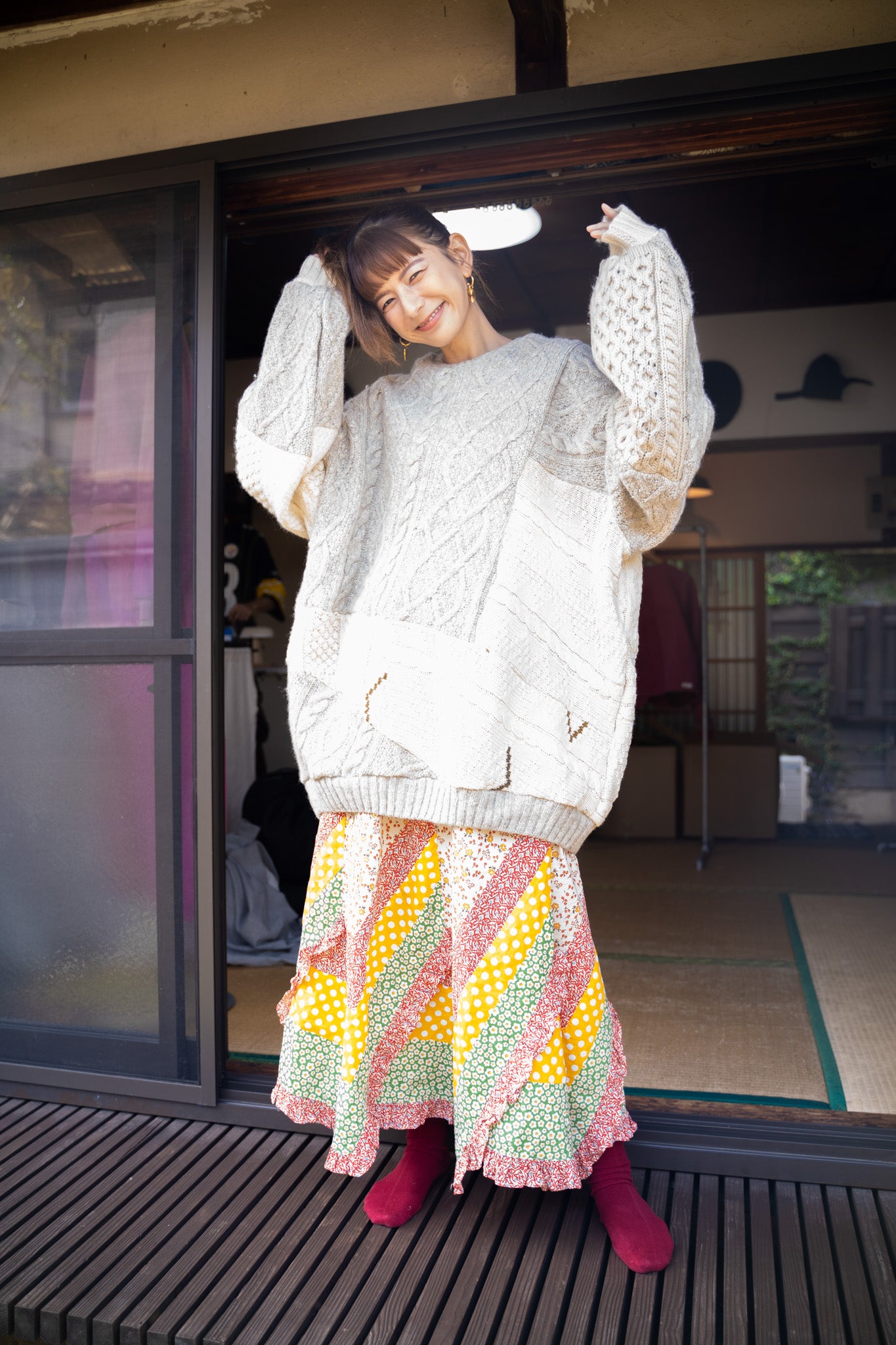 【REMAKEBYK×StyleReborn】Remake Long Fisherman Knit Sweater Ecru×Gray