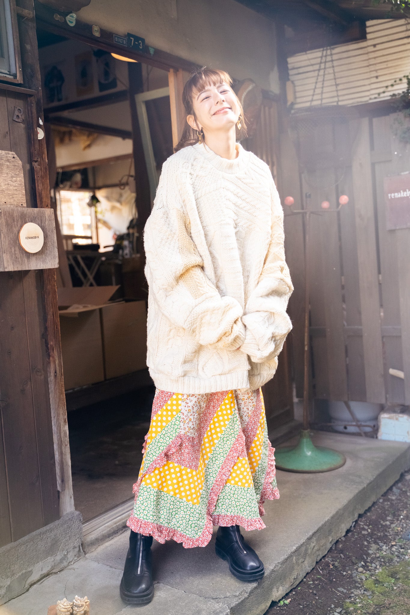 【REMAKEBYK×StyleReborn】Remake Long Fisherman Knit Sweater Ecru×Beige