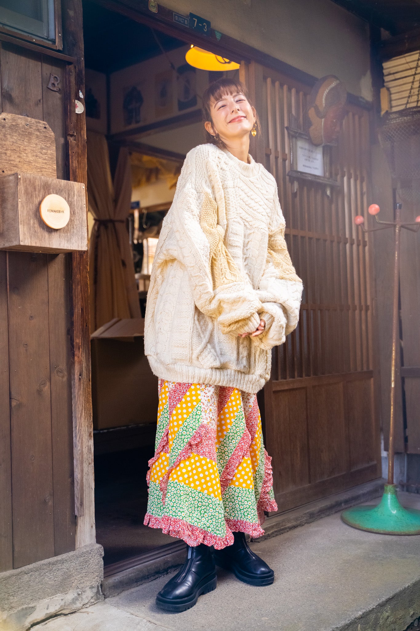 【REMAKEBYK×StyleReborn】Remake Long Fisherman Knit Sweater Ecru×Beige