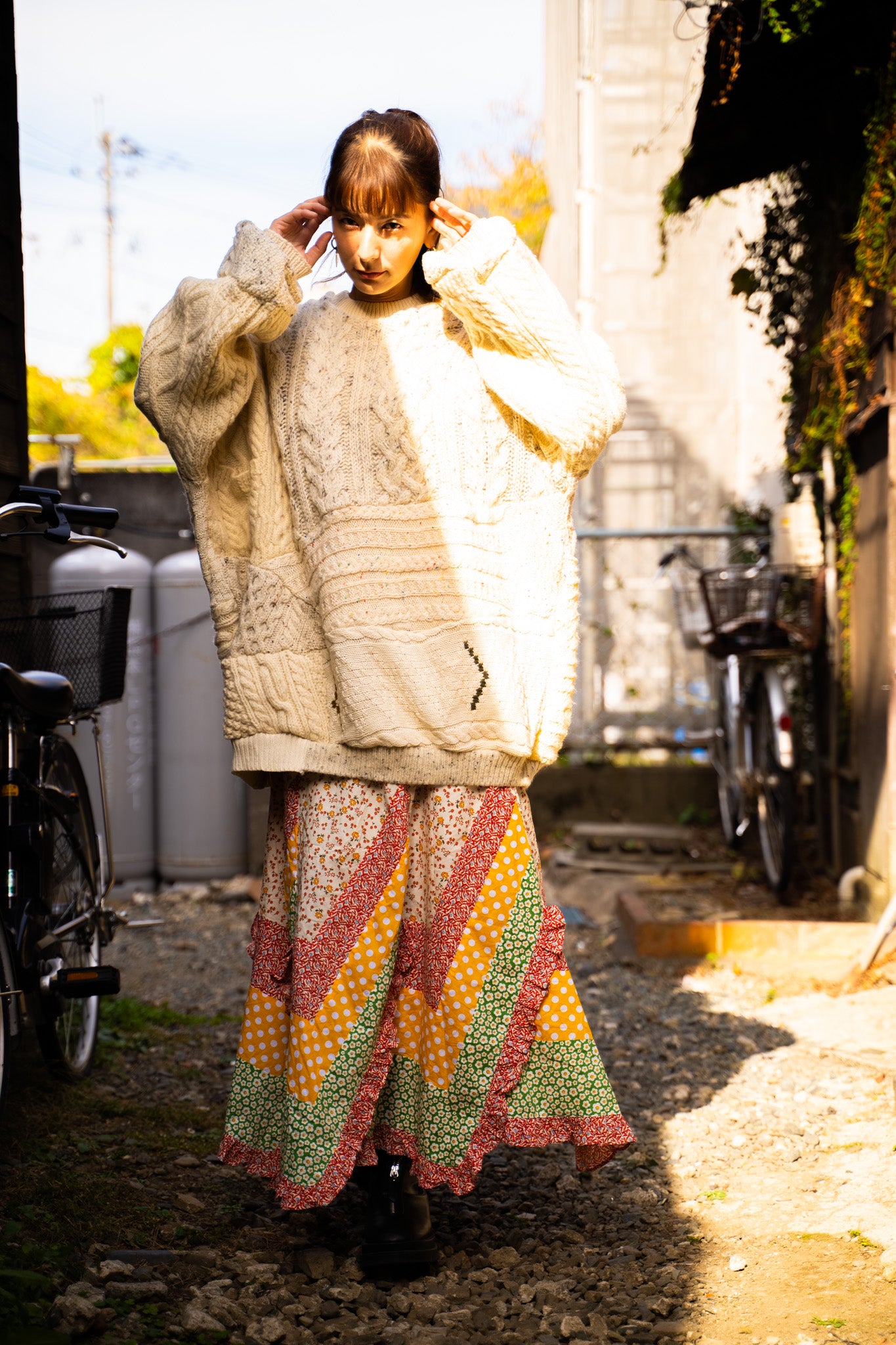 【REMAKEBYK×StyleReborn】Remake Long Fisherman Knit Sweater Ecru×Gray