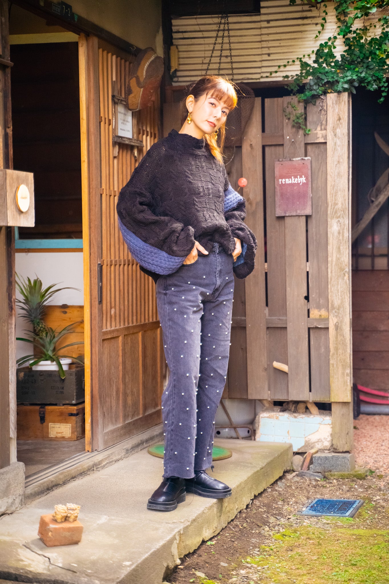 【REMAKEBYK×StyleReborn】Remake Cropped Fisherman Knit Sweater Black×Blue