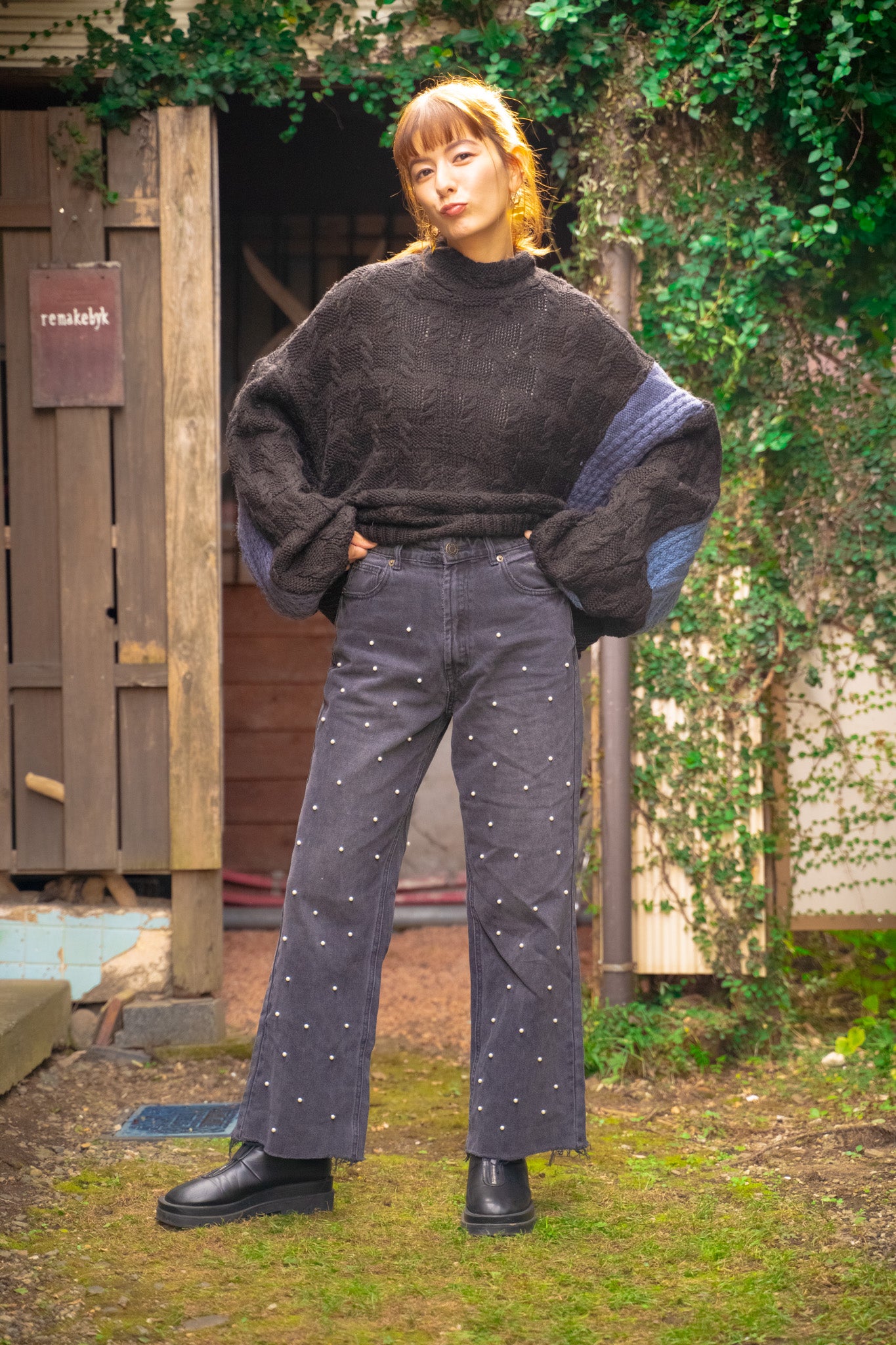 【REMAKEBYK×StyleReborn】Remake Cropped Fisherman Knit Sweater Black×Blue