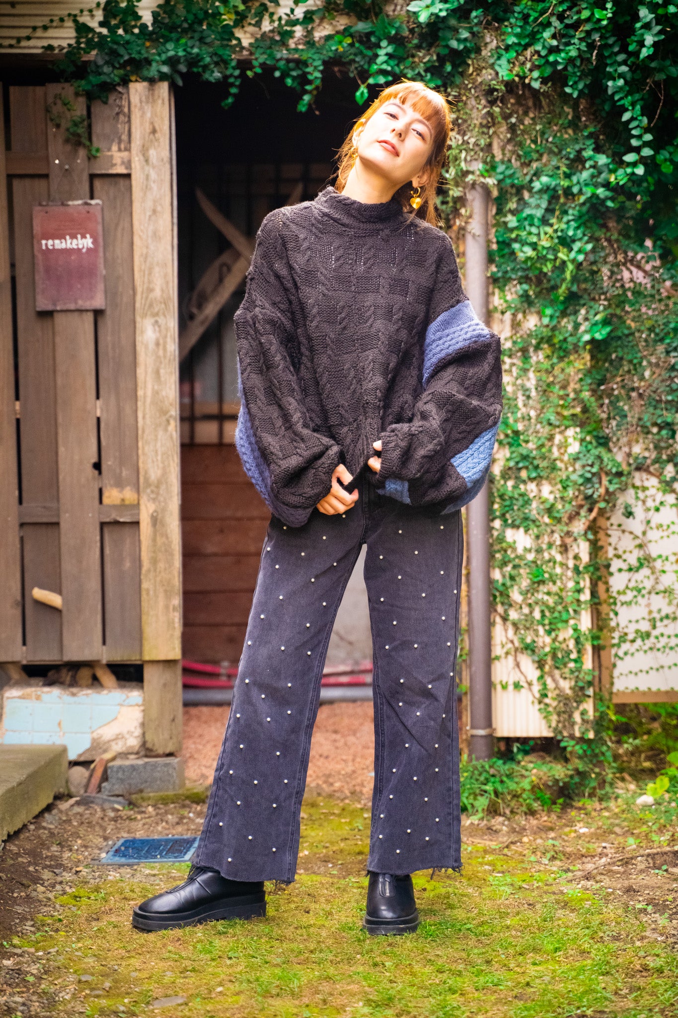 【REMAKEBYK×StyleReborn】Remake Cropped Fisherman Knit Sweater Black×Blue