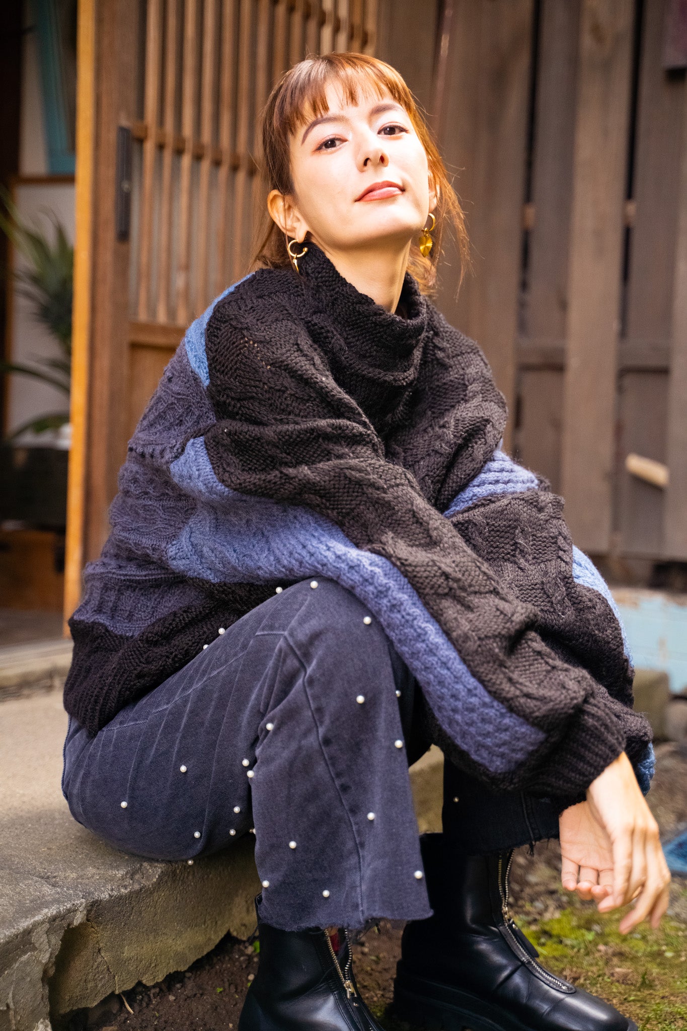 【REMAKEBYK×StyleReborn】Remake Cropped Fisherman Knit Sweater Black×Blue