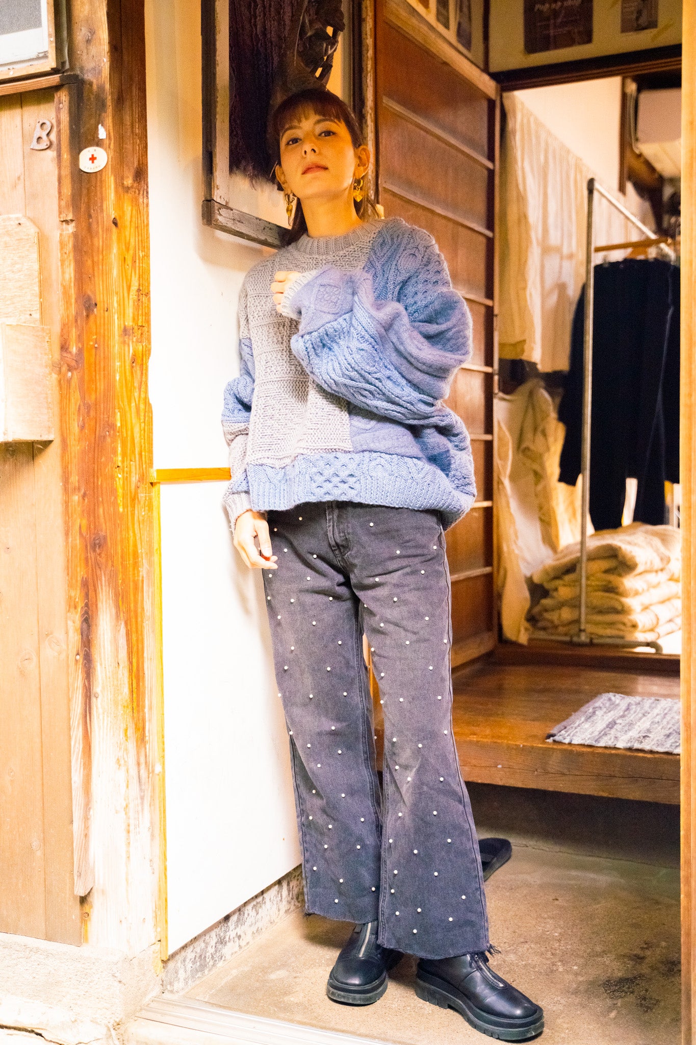 【REMAKEBYK×StyleReborn】Remake Cropped Fisherman Knit Sweater Gray×Blue