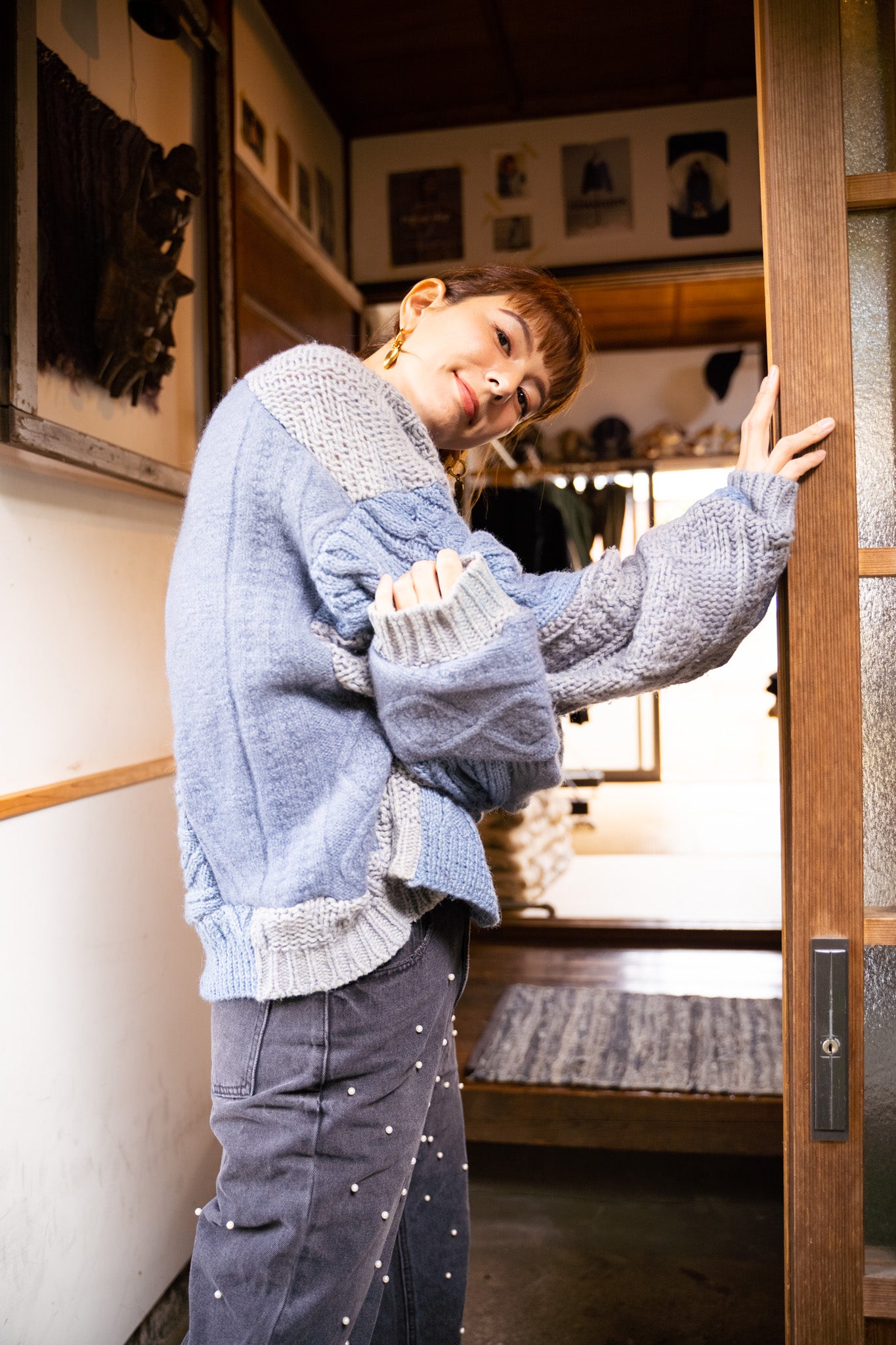 【REMAKEBYK×StyleReborn】Remake Cropped Fisherman Knit Sweater Gray×Blue