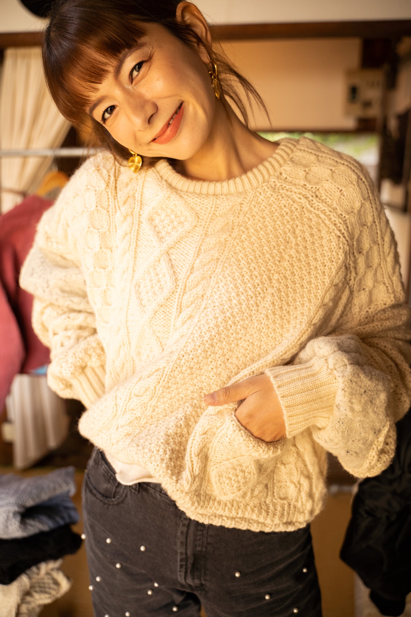 【REMAKEBYK×StyleReborn】Remake Cropped Fisherman Knit Sweater Ecru×Gray Pockets