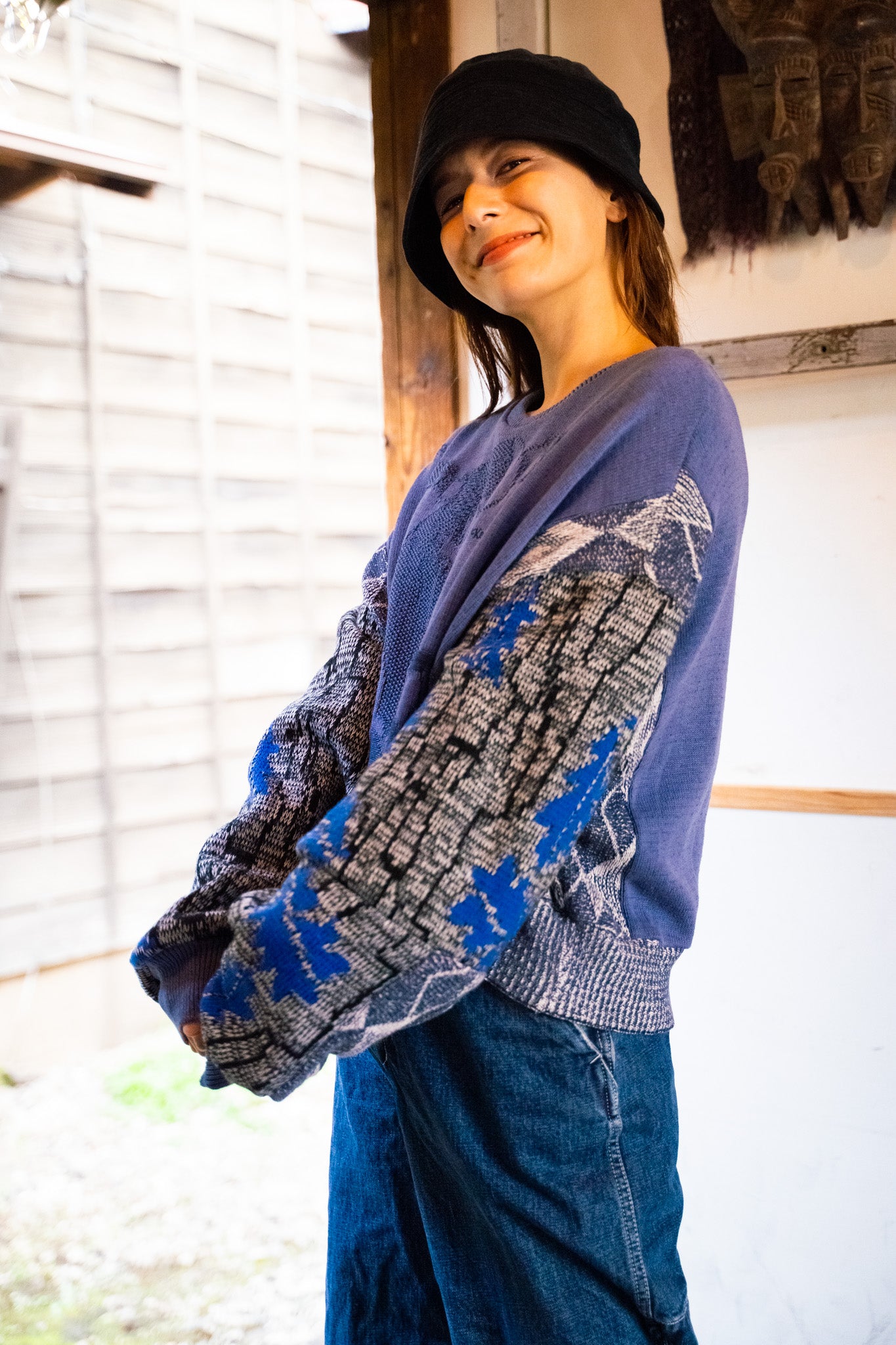 REMAKEBYK×StyleReborn】Remake Cropped Knit Sweater Blue – Style Reborn