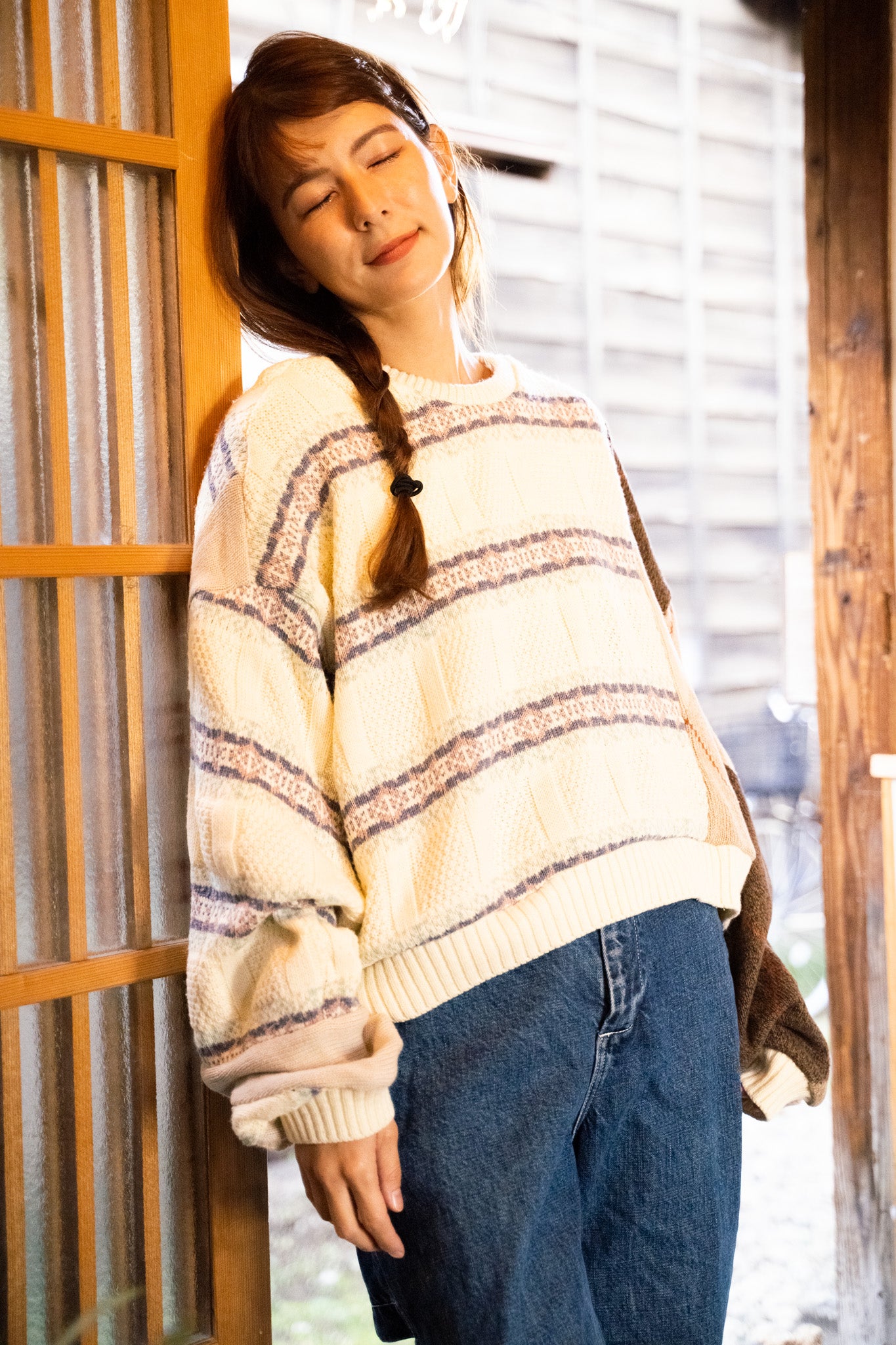 【REMAKEBYK×StyleReborn】Remake Cropped Knit Sweater White×Brown×Horizontal Stripe