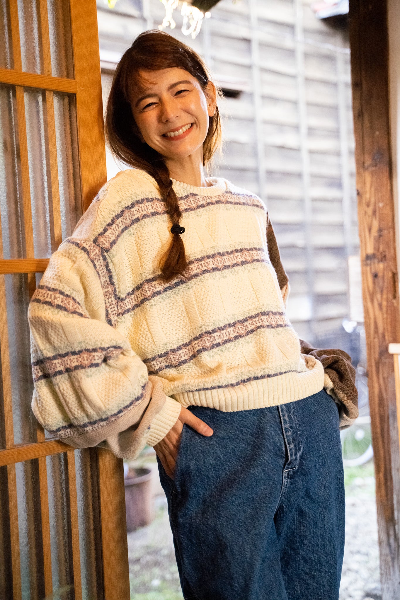 【REMAKEBYK×StyleReborn】Remake Cropped Knit Sweater White×Brown×Horizontal Stripe