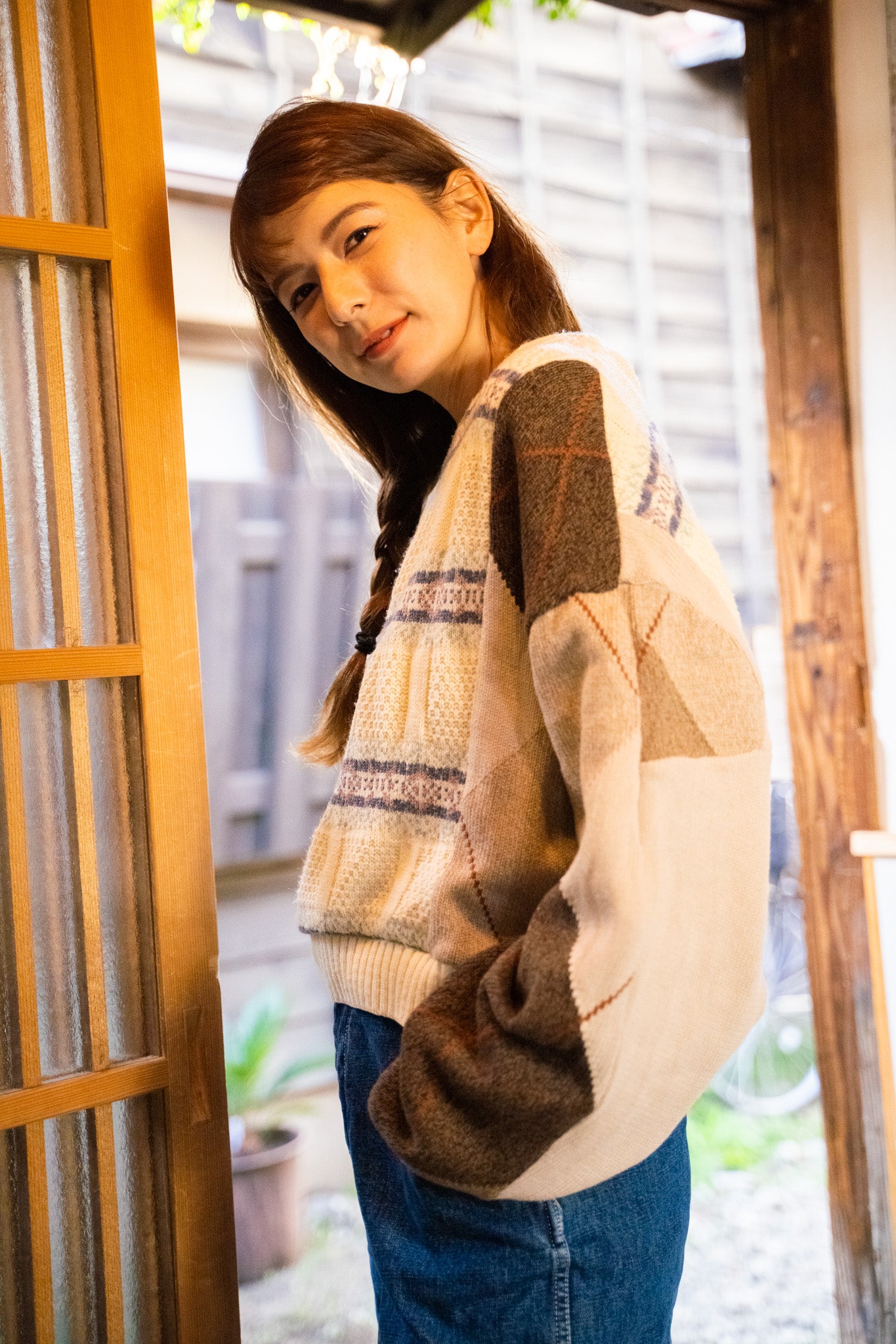 【REMAKEBYK×StyleReborn】Remake Cropped Knit Sweater White×Brown×Horizontal Stripe