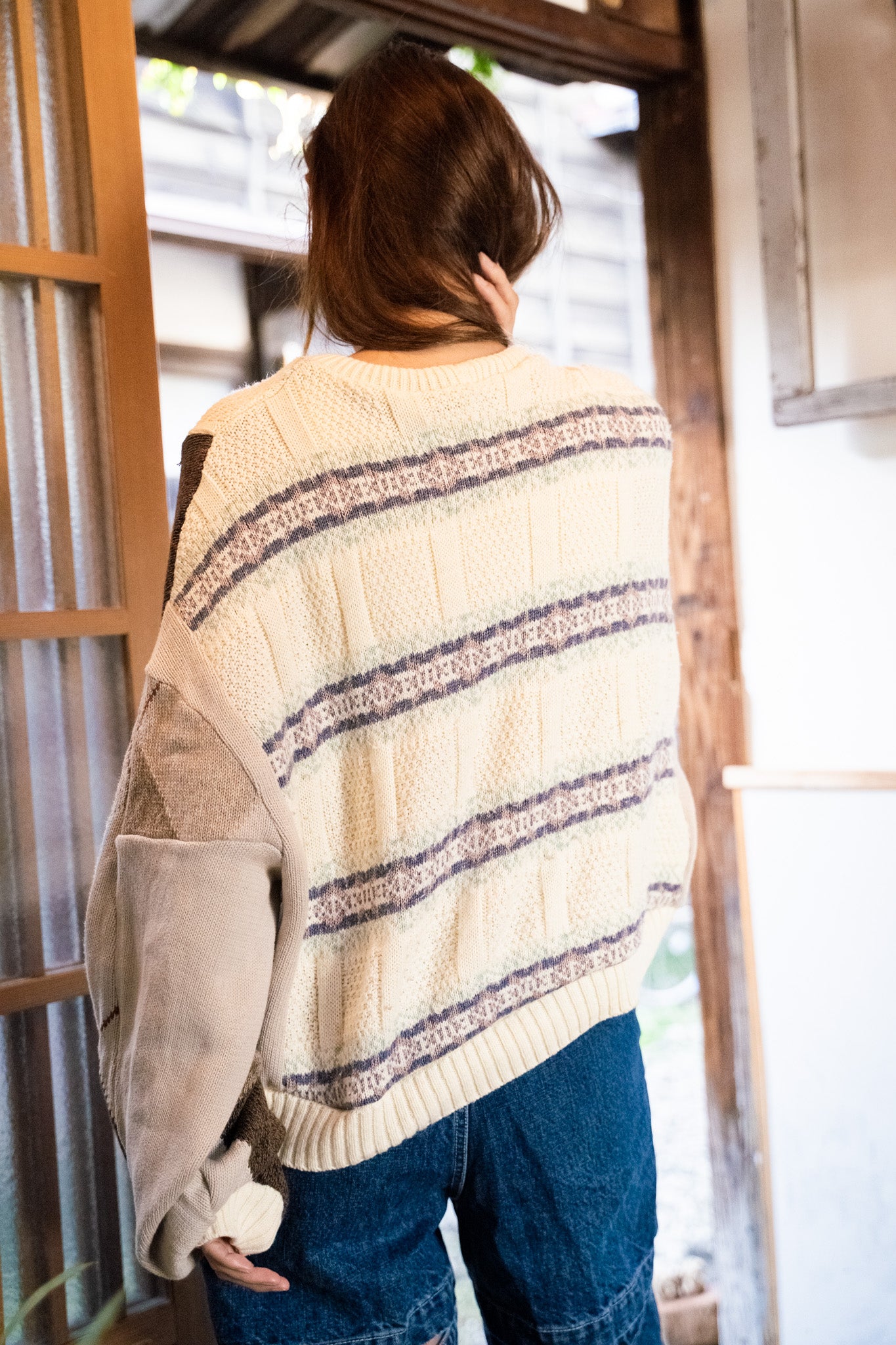 【REMAKEBYK×StyleReborn】Remake Cropped Knit Sweater White×Brown×Horizontal Stripe