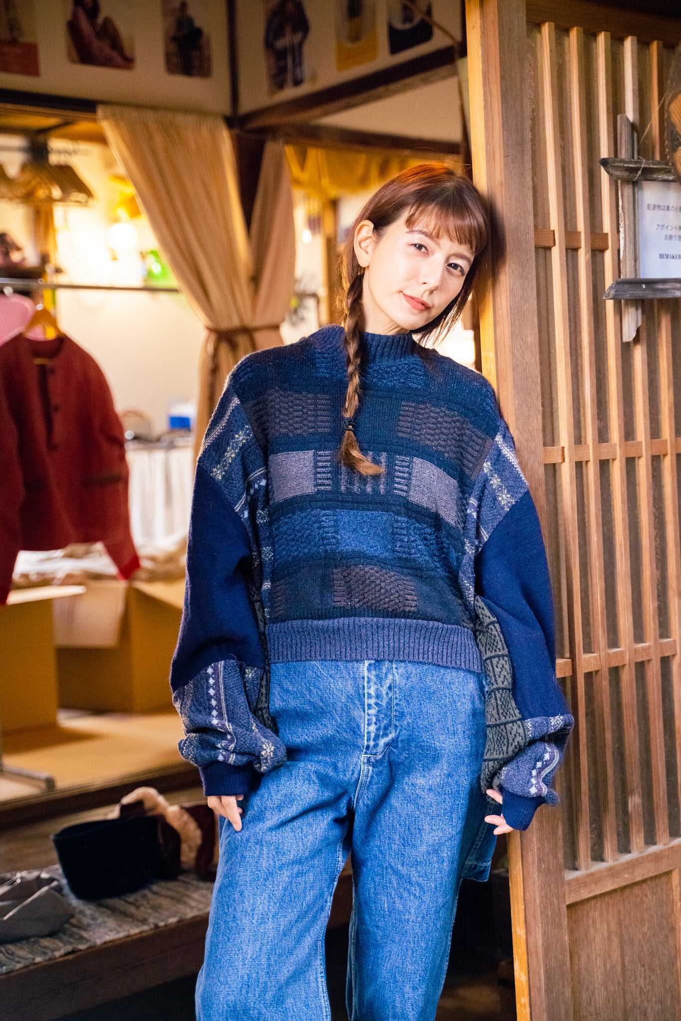 再構築　リメイク　古着　ニット　オーバーサイズ REMAKEBYK×StyleReborn】Remake Cropped Knit Sweater Navy – Style Reborn