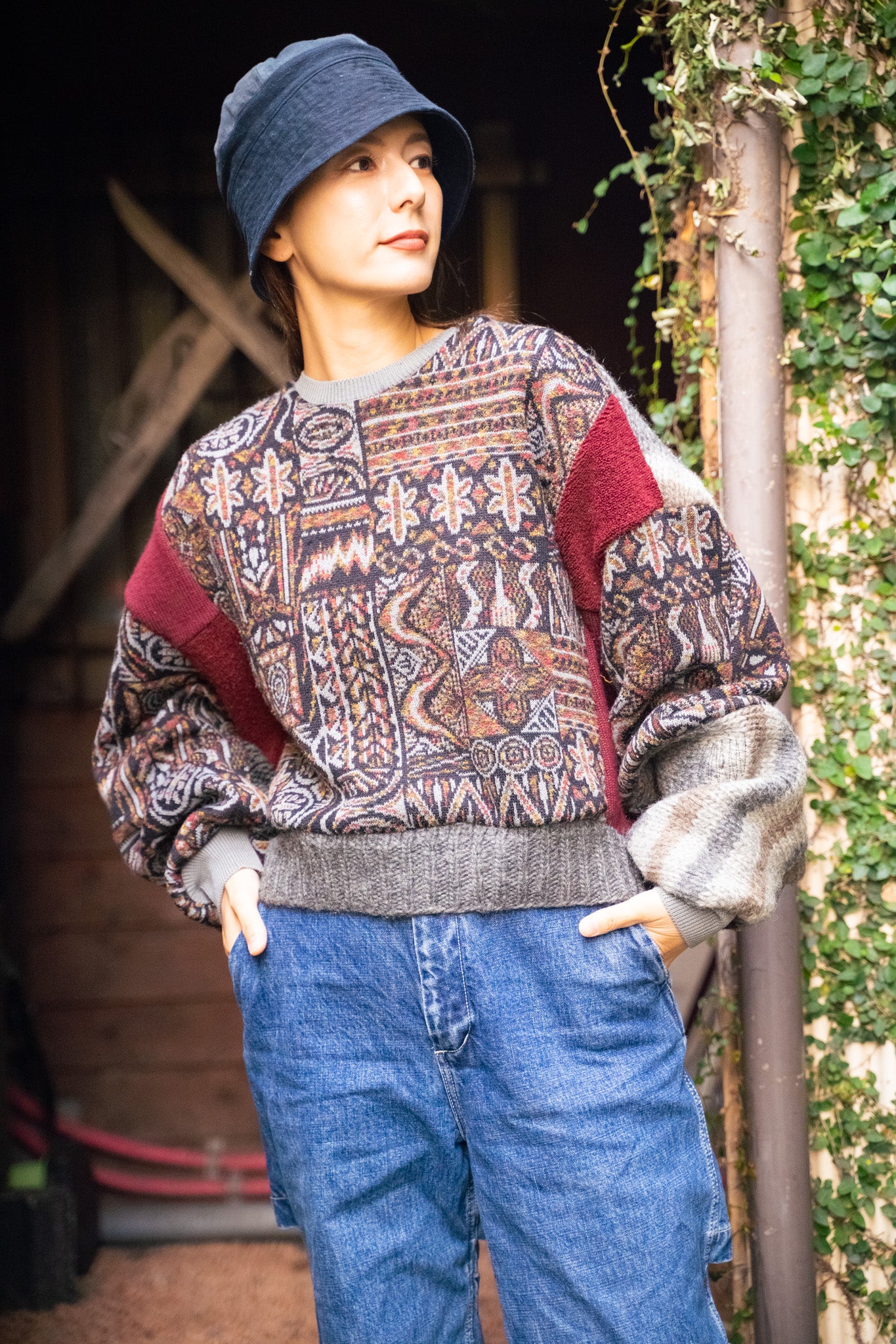 【REMAKEBYK×StyleReborn】Remake Cropped Knit Sweater Gray×Geometric pattern