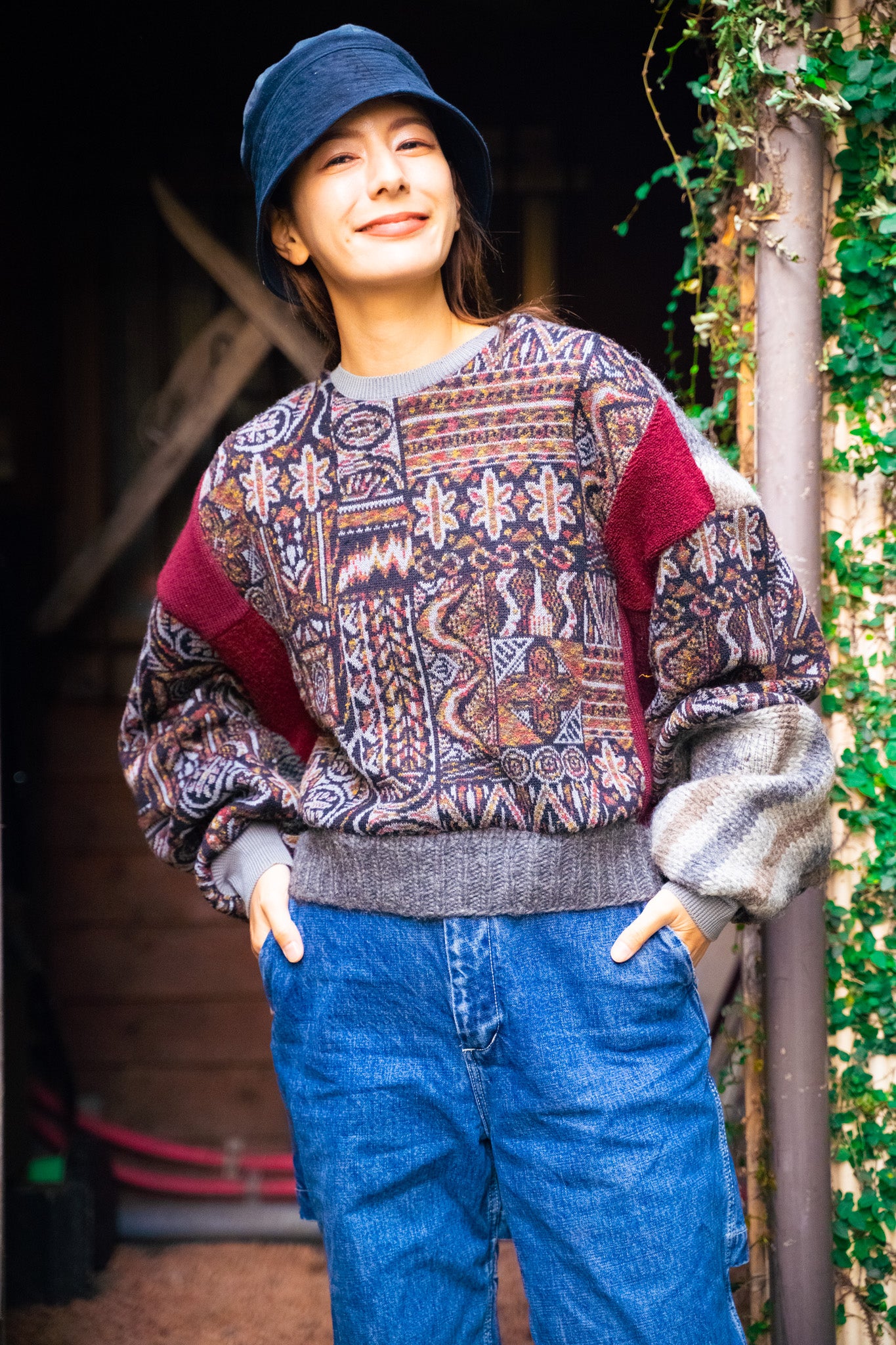 【REMAKEBYK×StyleReborn】Remake Cropped Knit Sweater Gray×Geometric pattern