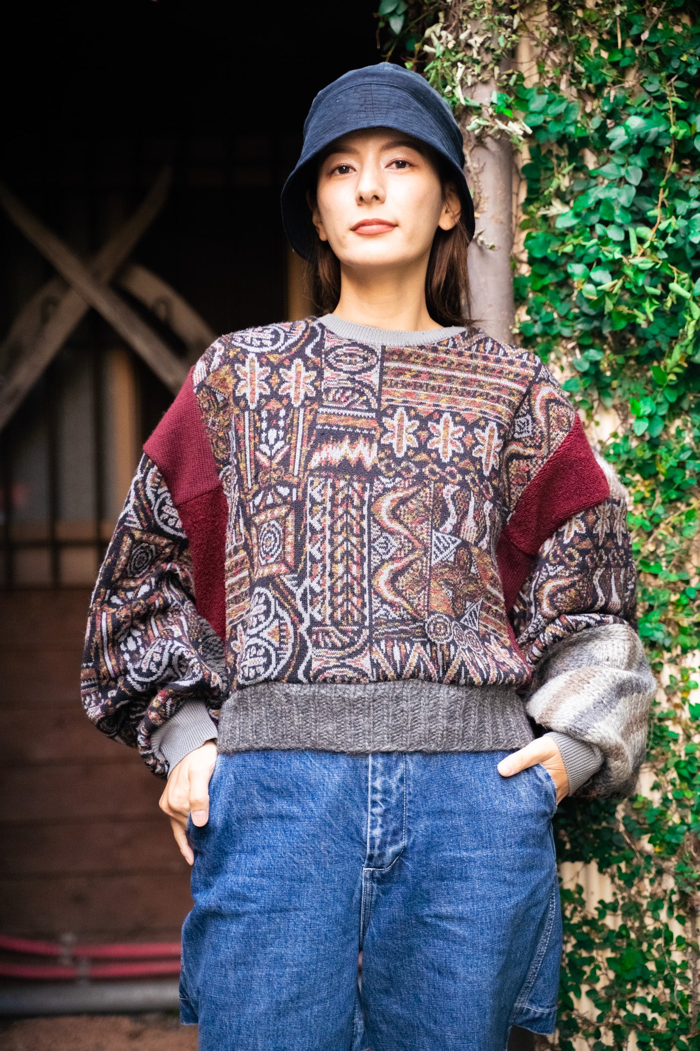 【REMAKEBYK×StyleReborn】Remake Cropped Knit Sweater Gray×Geometric pattern