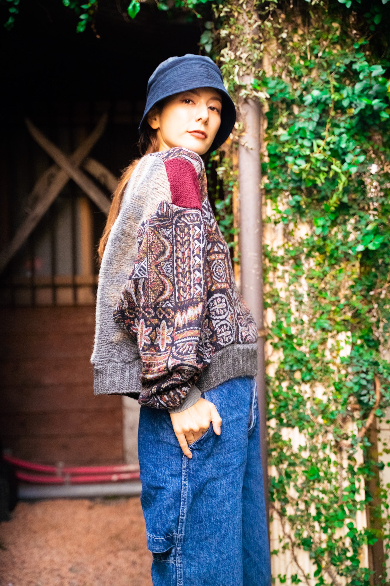 【REMAKEBYK×StyleReborn】Remake Cropped Knit Sweater Gray×Geometric pattern