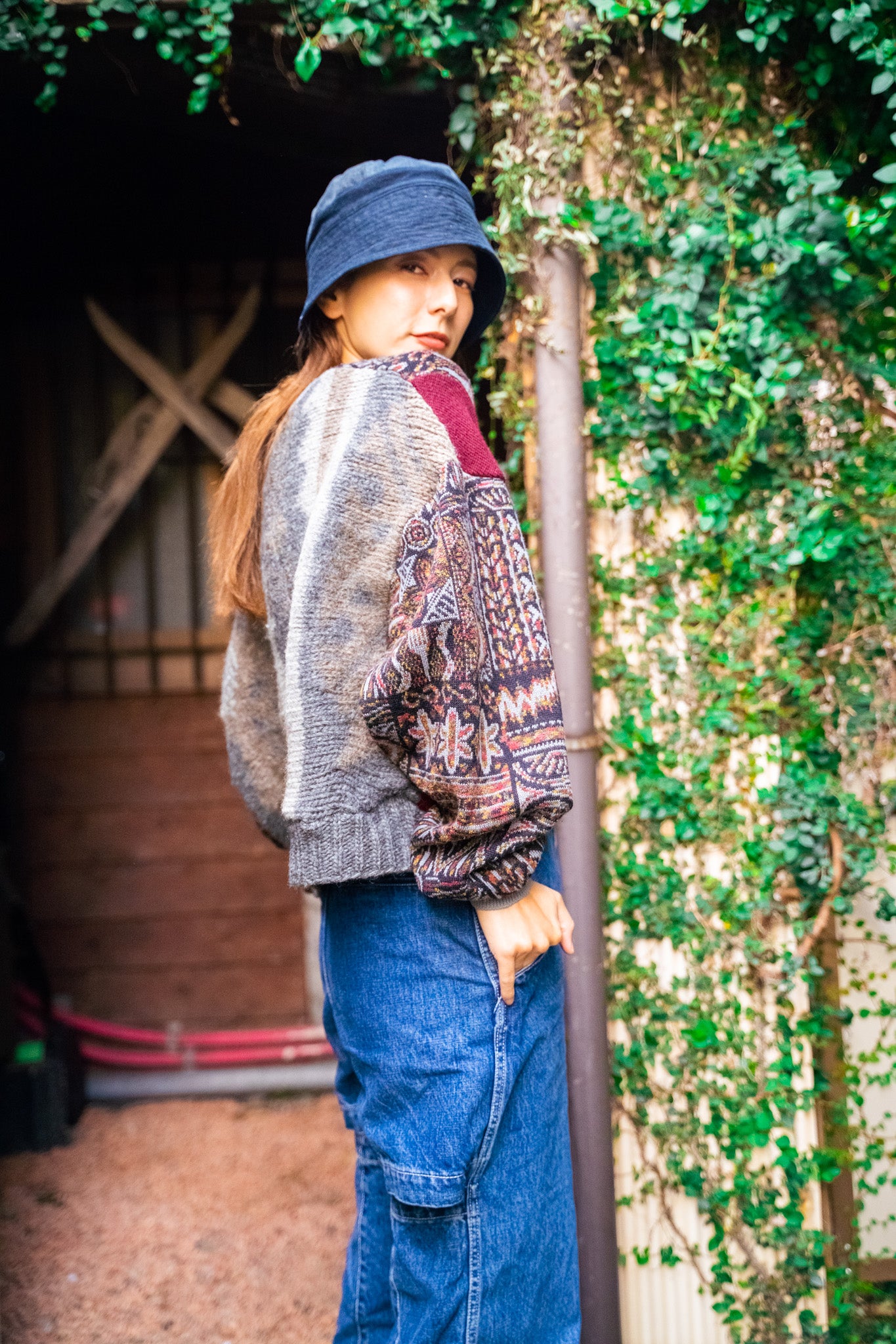 【REMAKEBYK×StyleReborn】Remake Cropped Knit Sweater Gray×Geometric pattern