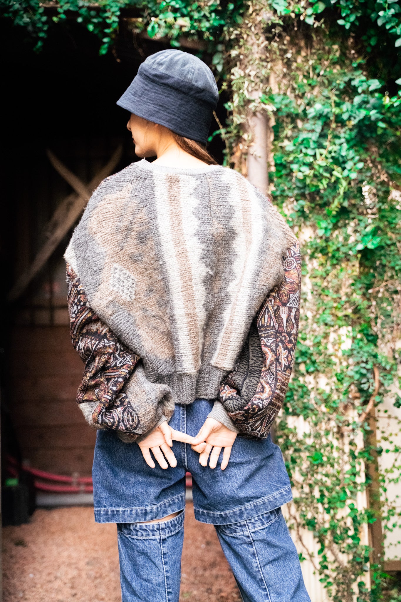 【REMAKEBYK×StyleReborn】Remake Cropped Knit Sweater Gray×Geometric pattern